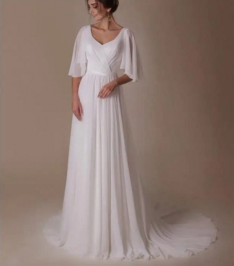Simple Wedding Dress 2024 White Chiffon Half Sleeves Court Train V-Neck A-Line Robe De Mariee New Arrival Bridal Gown Bride