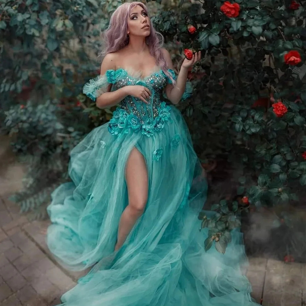 Off-Shoulder Green Appliques Beaded Side Split Fairy Prom Dresses Exquisite Flower Long Evening Party Gowns Photoshoot Dress Vestidos De Novia