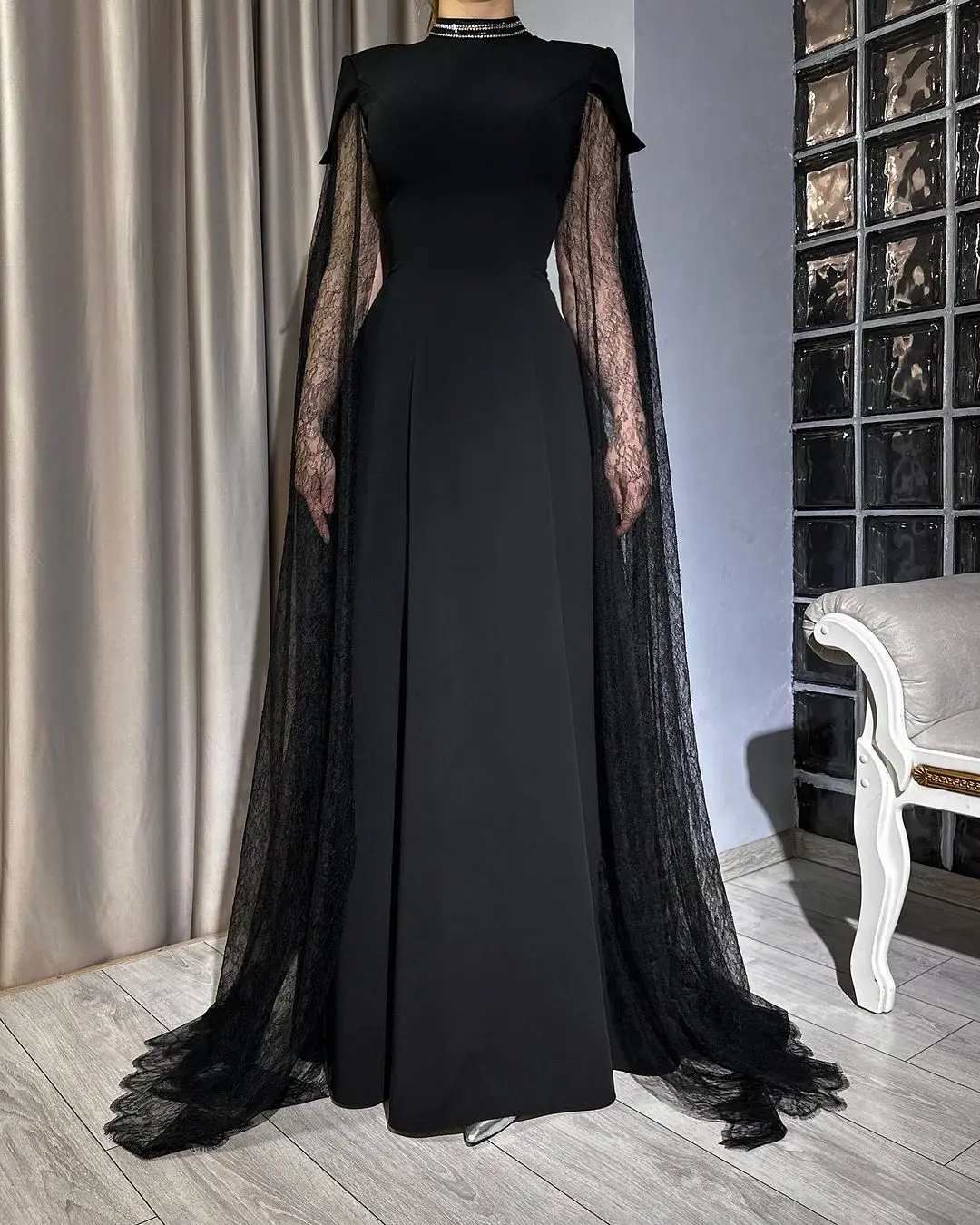 Vintage Black Neck High Evening Dresses With Lace Cape Sleeves Or Length A E Elegant Arabic Dubai Prom Dress Formal Ocn Gown For Women 2024 Rabic Rabi