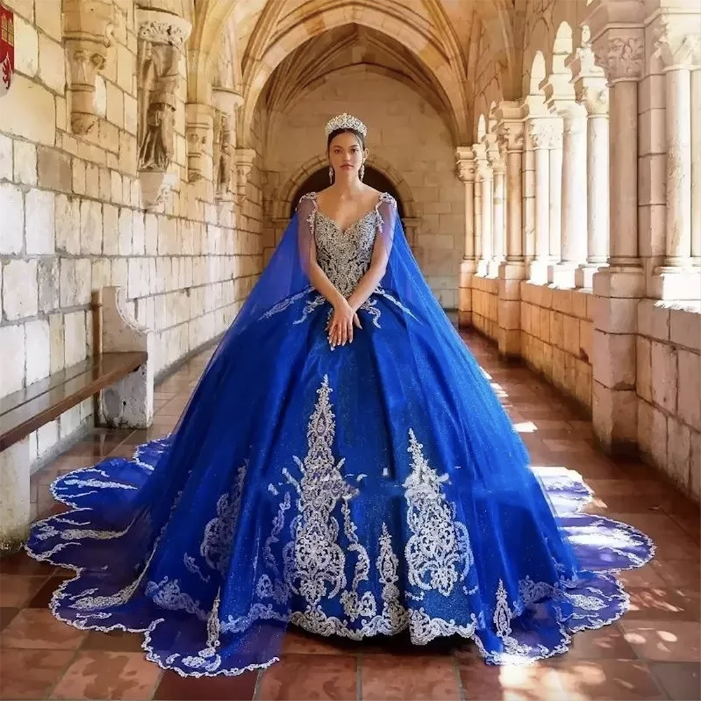 Royal Blue Gorgeous Quinceanera Dresses With Detachable Long Wrap V-Neck Beaded Lace Appliques Girls 15 Years Party Prom Gowns Chapel Train Plus Size 