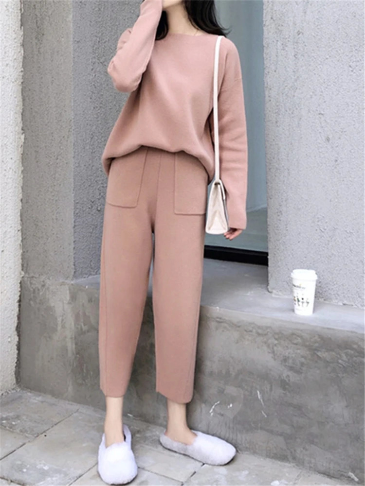 2 Pieces Women's Sets Warm Knitted Tracksuit Autumn Winter O-Neck Sweater and Casual Harme Pants Pullover Suits 240113