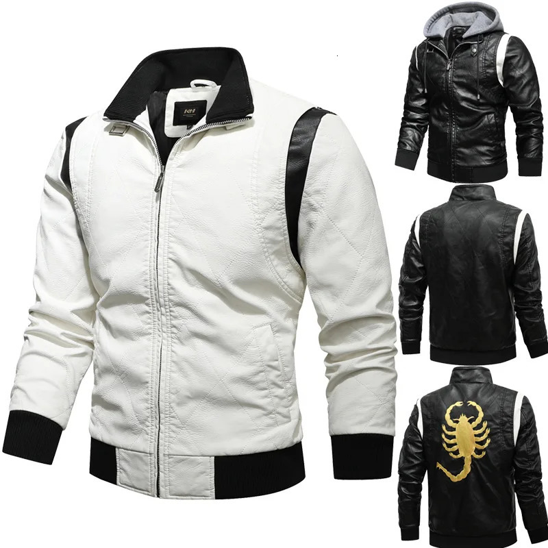 Men's Motorcycle Biker Leather Jackets Scorpion Embroidery PU Coat Spring Autumn Fashion Stand Collar Leather Jacket 240112