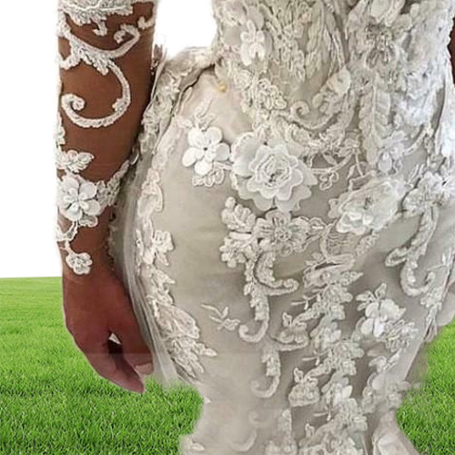 Vintage 3D Flowers Mermaid Wedding Dresses With Detachable Train Luxury Long Sleeves Lace Appliques Plus Size Plus Size Afric