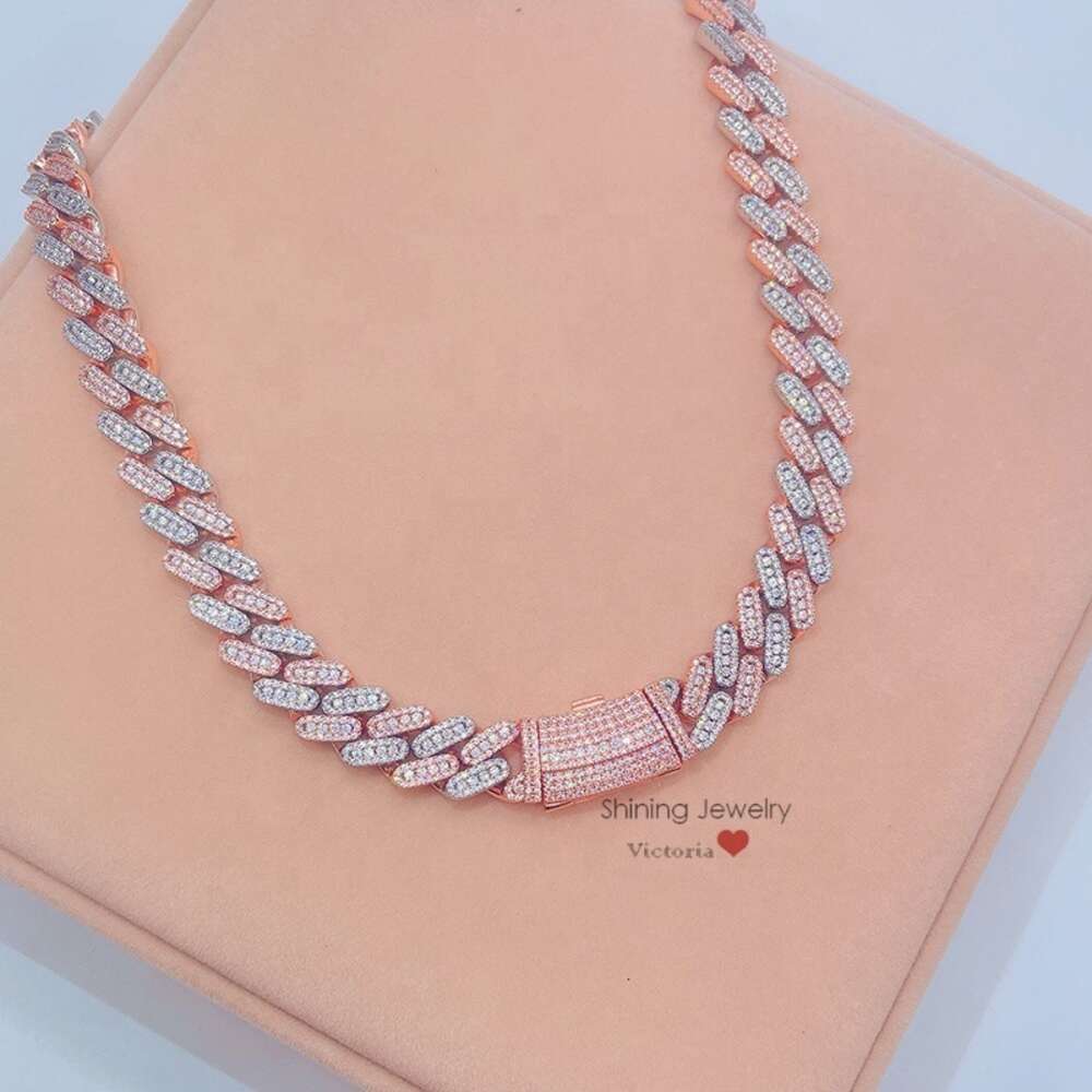 Hip Hop Rapper Jewelry Iced Out Moissanite 13mm Rose Gold 2 Tone Cuban Chain Necklace