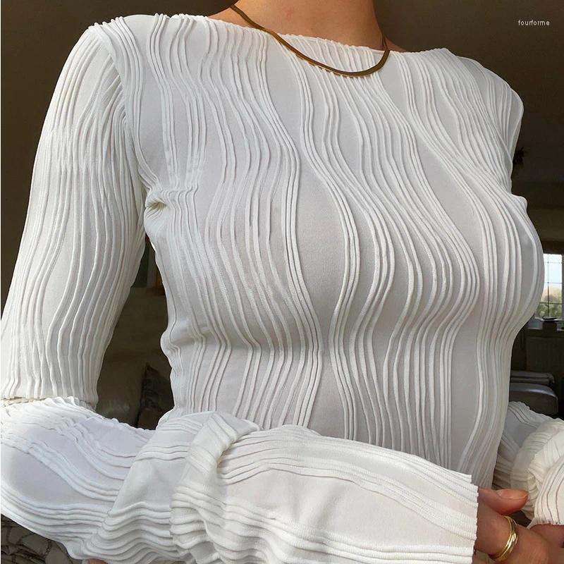 Womens T Shirts Spring Autumn Ruched Long Sleeve Women Casual White Skinny Black Basic Tee Fashion Street Crop Top Y2K Clothes T-shirt