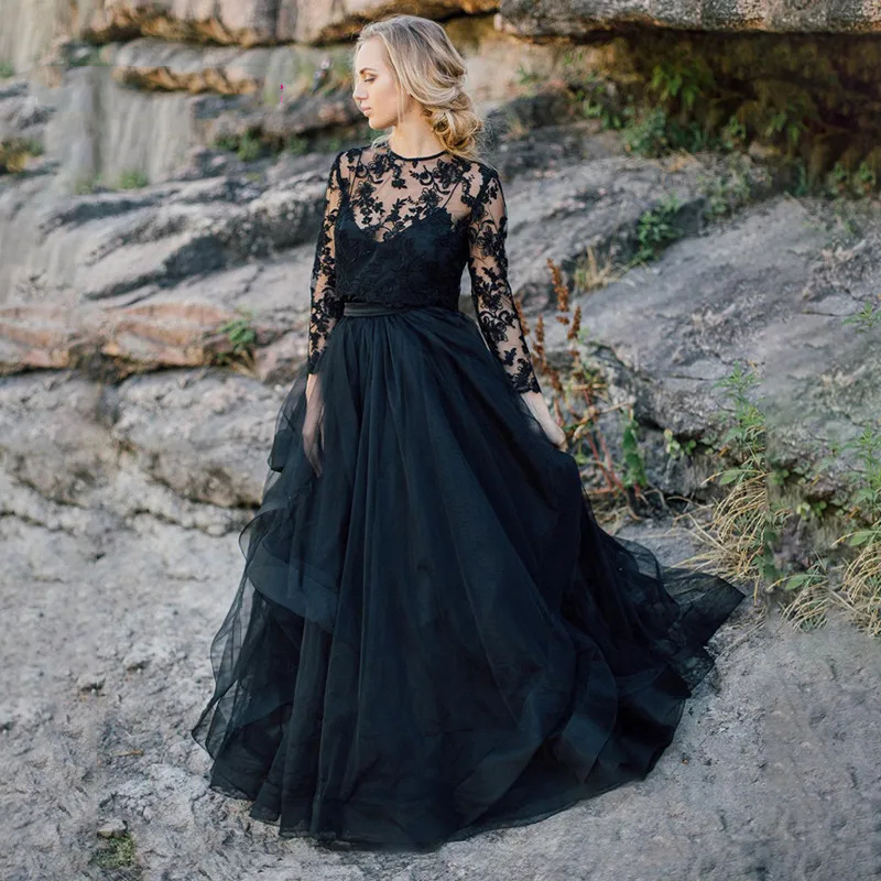 Line Gothic Black A Wedding Dresses Sweep Train Lace Long Sleeves Beach Bridal Gowns Two Pieces Country Bride Dress Custom Made