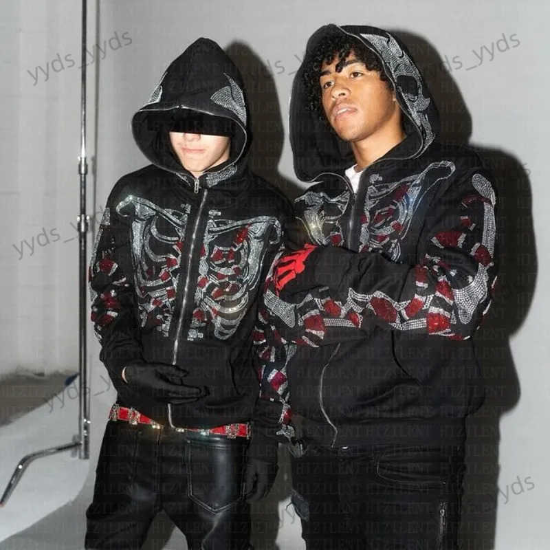 Men's Hoodies Sweatshirts Y2K Hoodie Men Skull Skeleton Snake Diamond Print Gothic Full Zip Long Sleeve Hooded Sweatshirt Women Jacket Rhinestone Hoodies T240113