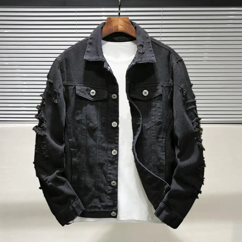 Men Jean Jacket Men Jacket Ripped Hole Daily Wear Male Single Breasted Pockets Jacket 240113