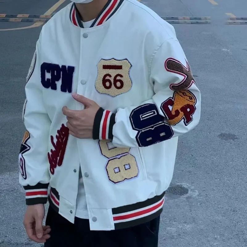 Bomber Leather Jacket Men Motorcycler Flocking Embroidery Loose Biker PU Baseball Jackets Mens Y2k High Street Racing Coat 240113