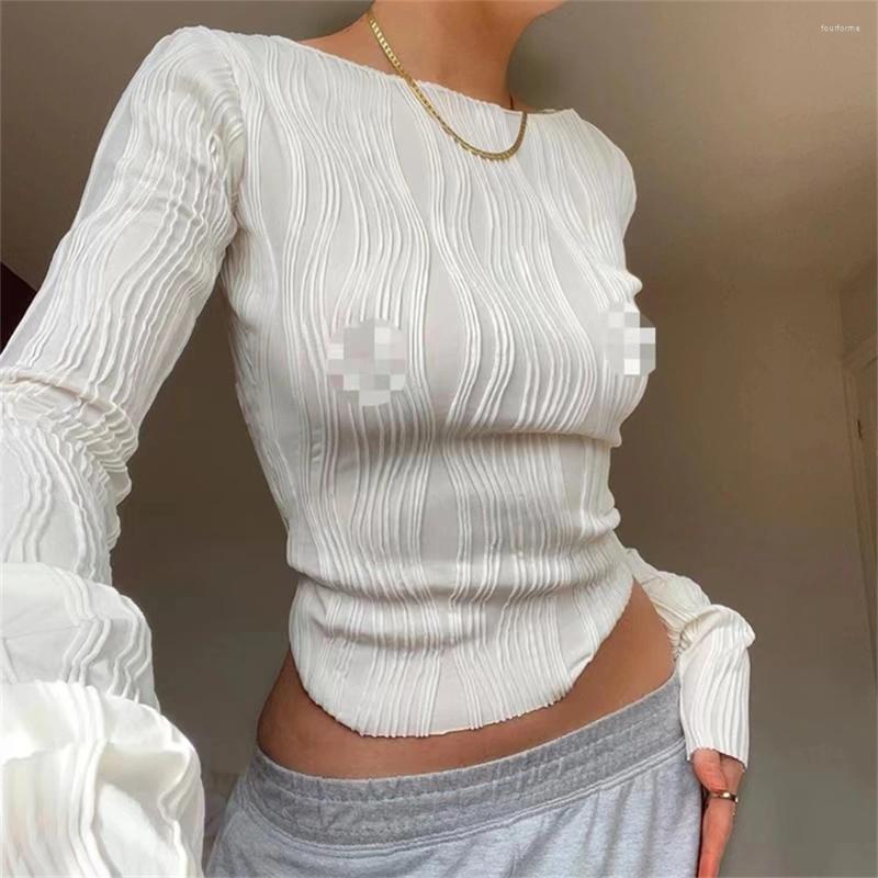 Womens T Shirts Spring Autumn Ruched Long Sleeve Women Casual White Skinny Black Basic Tee Fashion Street Crop Top Y2K Clothes T-shirt