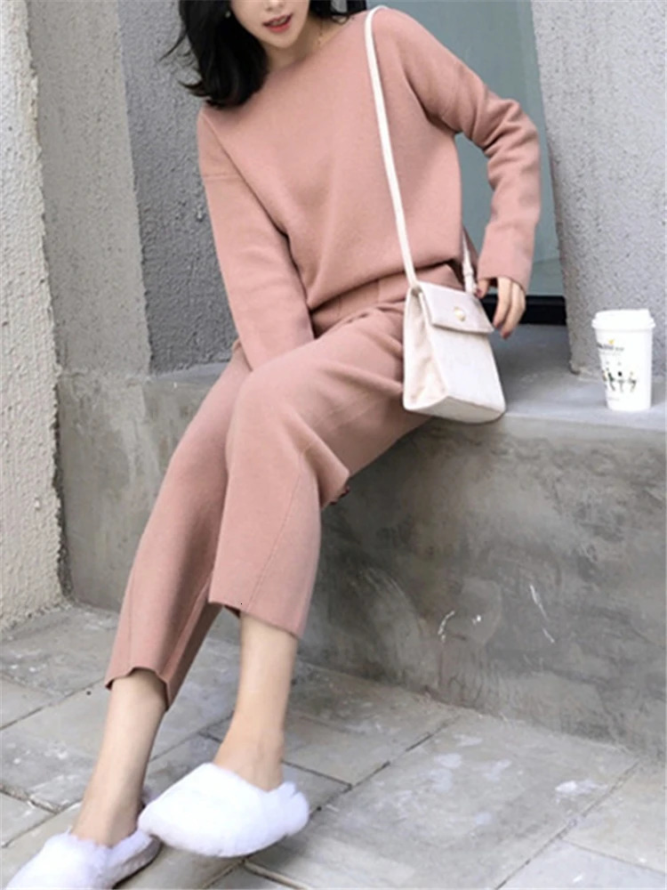 2 Pieces Women's Sets Warm Knitted Tracksuit Autumn Winter O-Neck Sweater and Casual Harme Pants Pullover Suits 240113