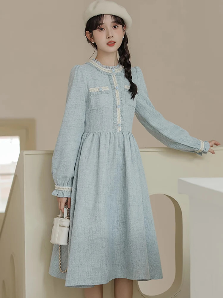 Autumn Winter Blue Tweed Long Sleeve Chic Ruffled Collar Dress Women Elegant Casual Home Dress Korean Fashion Bodycon Dress 240112