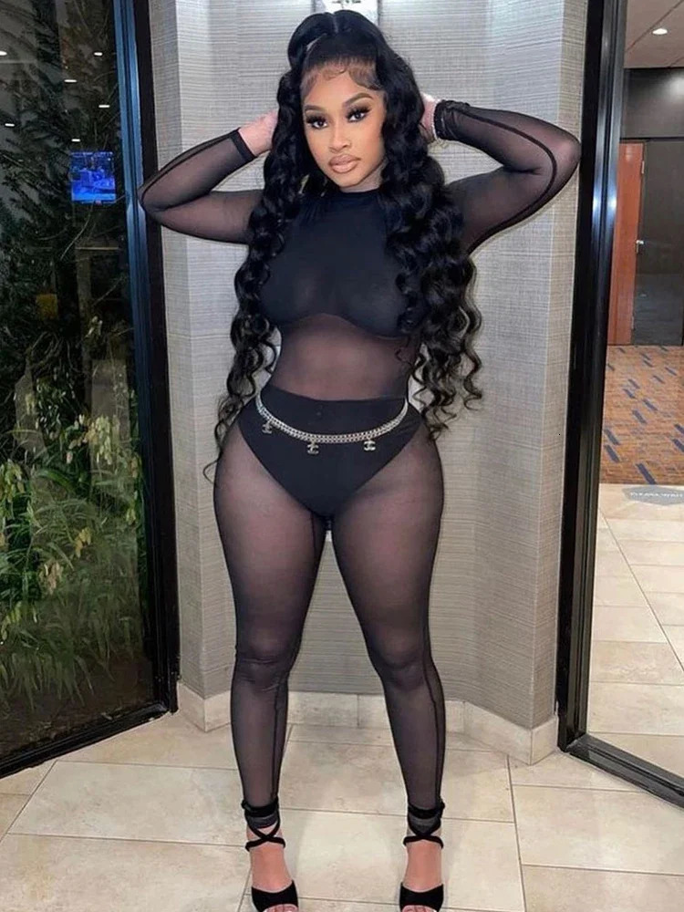 Sexy Jumpsuit Women Transparent Black Jumpsuits Elastic Mesh Bodysuits Summer See Through Night Club Outfit 240112