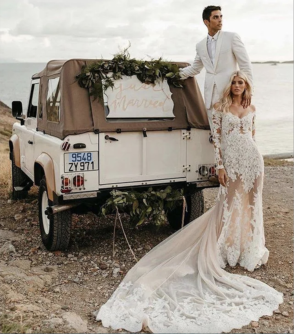 Modese Full Lace Mermaid Dresses Off Shoulder Long Sleeve Tulle Sweep Train Applique Beads Bridal Gowns Wedding Dress vestidos 0509