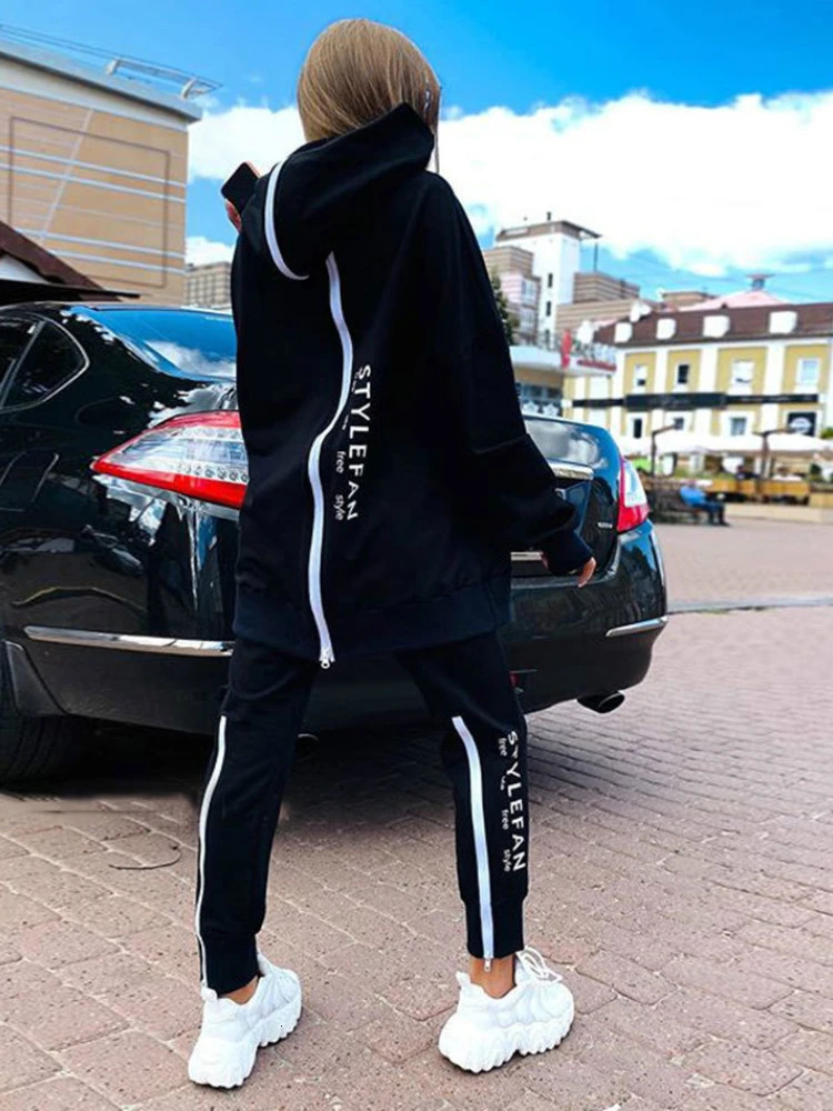 Basic Women Letter Sweatshirts 2 Piece Sets Tracksuit Fashion Suit Autumn Female Korea Trouser and Pullover Hooded Streetwear 240113