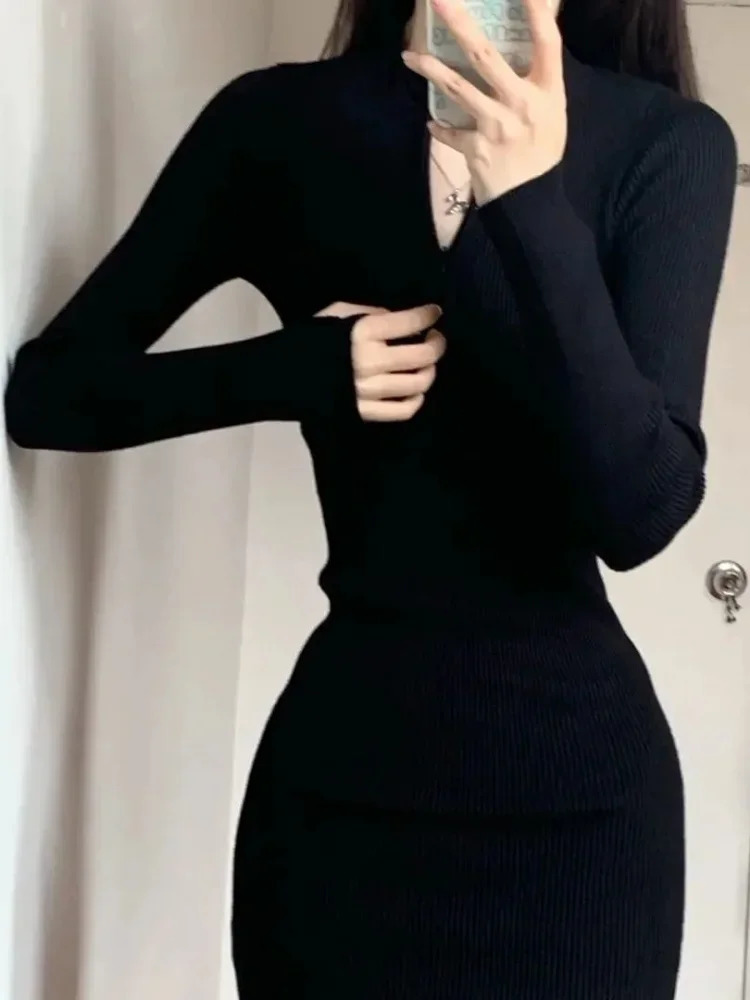QWEEK Black Bodycon Knitted Dress Women Sexy Wrap Slim Short Dresses Autumn Fall Solid Outfits Robes Femlae 240112