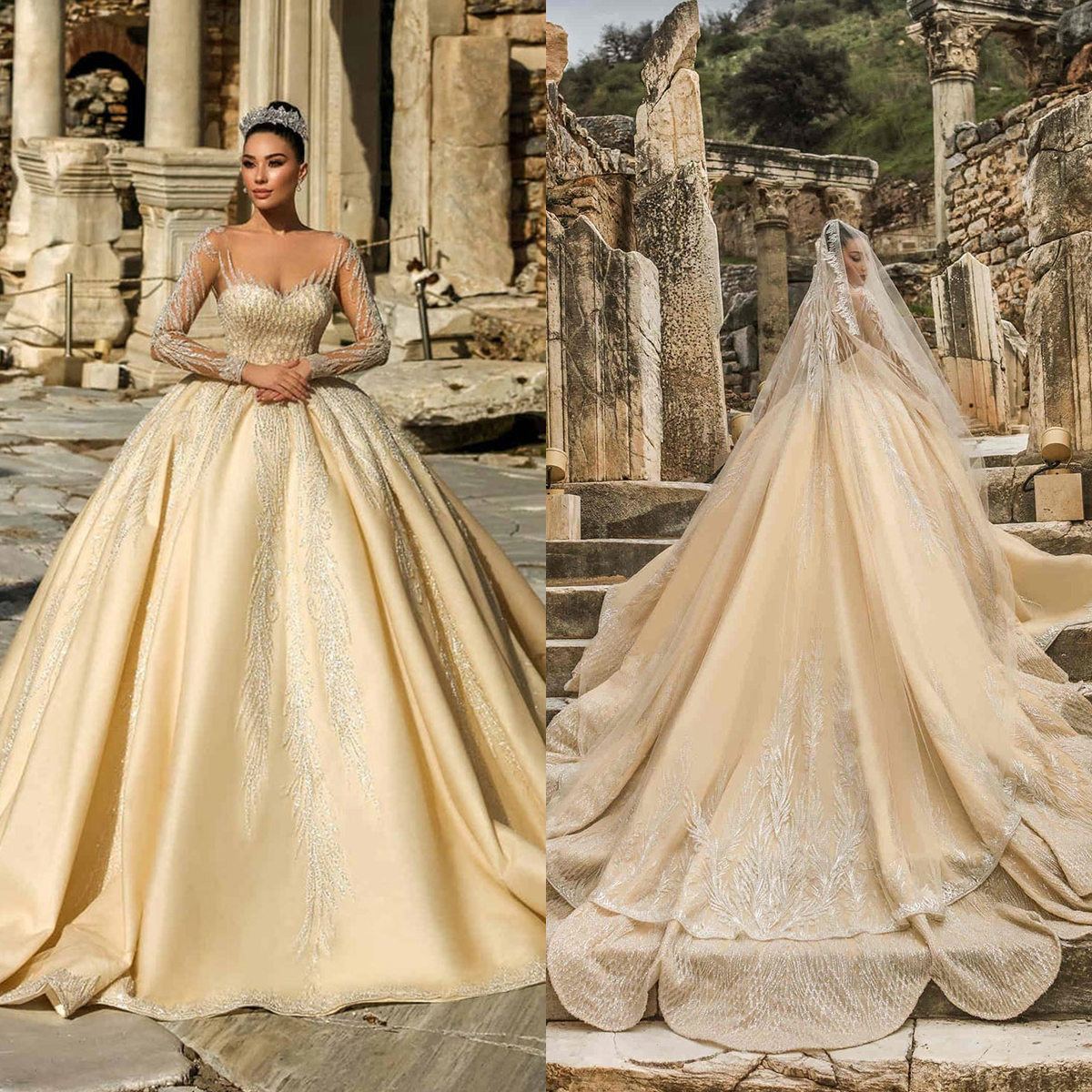 Modern Shine A-Line Wedding Dress Sexy Sequin V-Neck Long Sleeve Ball Gown Plus Size Sweep Train Bridal Gowns Dress Vestido De Novia Size Color Custom