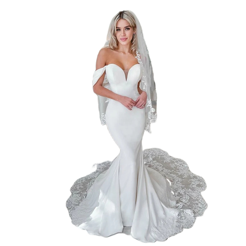 Sexy White Satin Mermaid Wedding Dresses With Lace Appliques Long Train Bohemian Beach Bridal Gowns Sweetheart Neckline Off The Shoulder Sleeveless Su