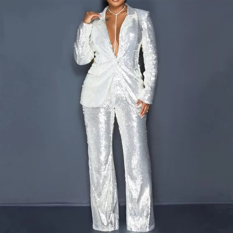 Fashion Solid Women 2 Pieces Sets Blazer Pant Suits Spring Long Sleeve Sequins Coat High Waist Wide Leg Pants Female 240112