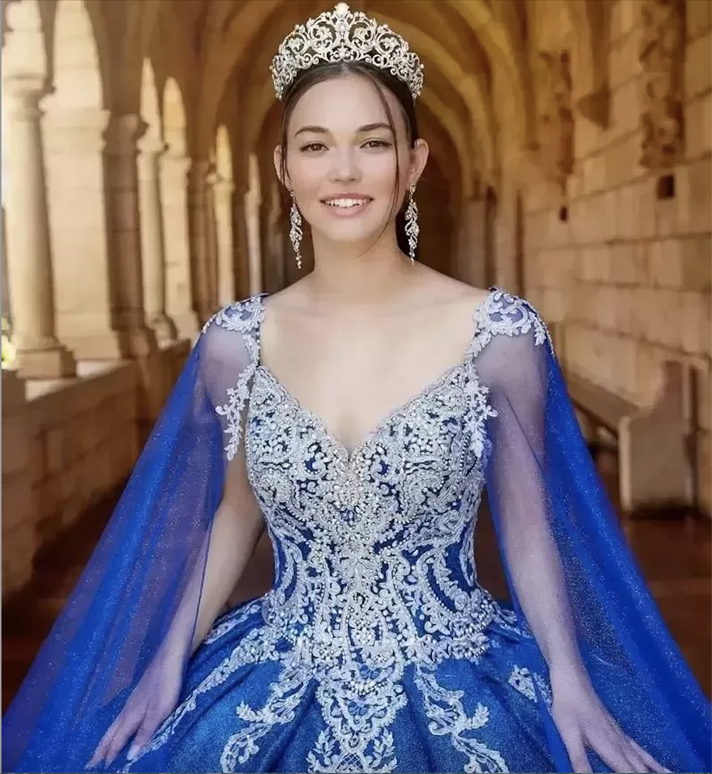Royal Blue Gorgeous Quinceanera Dresses With Detachable Long Wrap V-Neck Beaded Lace Appliques Girls 15 Years Party Prom Gowns Chapel Train Plus Size 