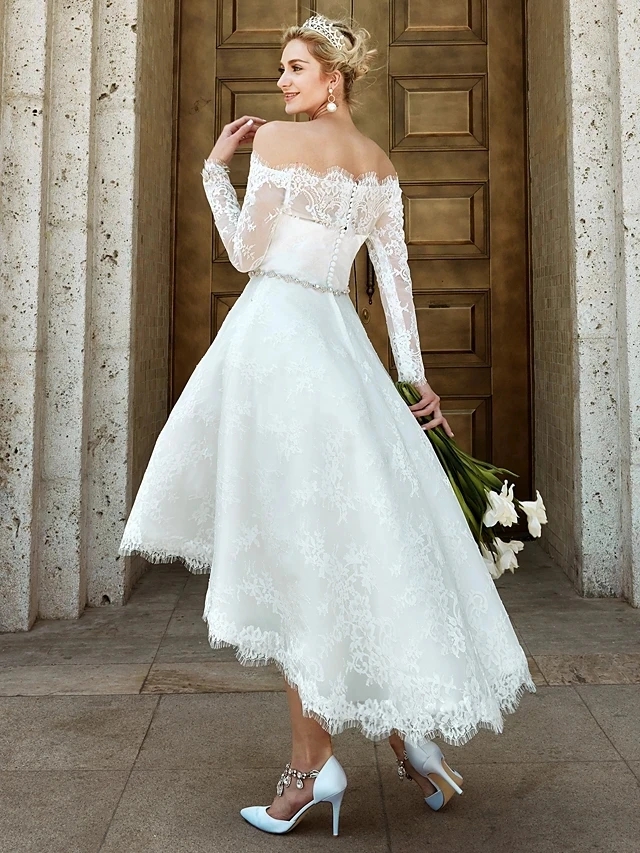 High Low Crystal Sash Bride Wedding Dress 2024 Off the Shoulder Lace Bridal Gowns Summer Boho Vestidos Noiva Robe De Mariee