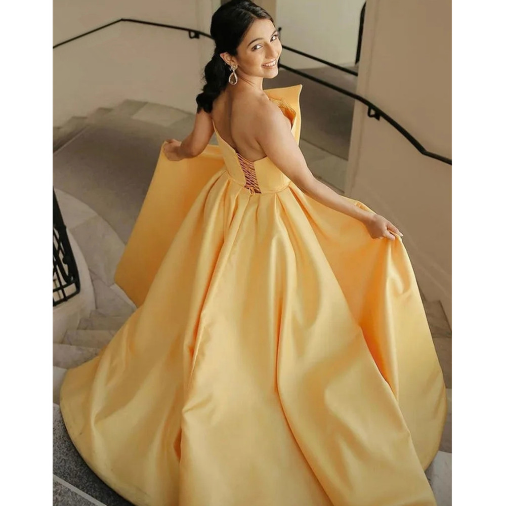 Yellow Simple Satin Long Prom Dresses Sexy Side Split Dress A-E Sleeveless Evening Formal Gowns YD Lz0304