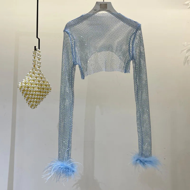 Glitter Rhinestone Women's T-Shirt Long Sleeve Feather Fur Fishnet Hollow Out Festival Rave Party Sexy Clubwear Crop Tops Tee 240112