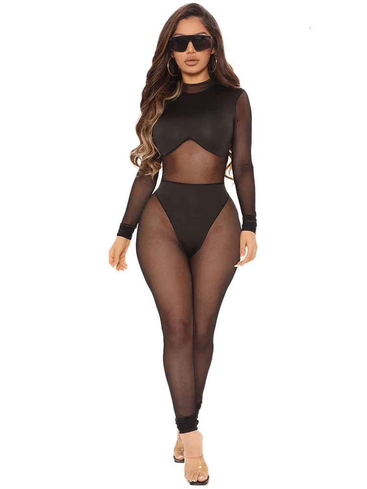 Sexy Jumpsuit Women Transparent Black Jumpsuits Elastic Mesh Bodysuits Summer See Through Night Club Outfit 240112