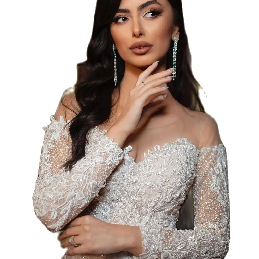 Elegant Lace A Line Wedding Dress Sweetheart Full Sleeve Bridal Gowns Court Train Applique Robe De Soiree