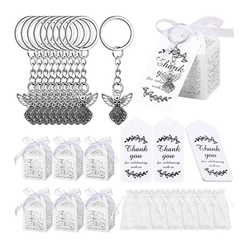 30Pcs/24Pcs Angel Keychain Pendant Favor Box Keychain Christening Gift Keyring with Thank You Kraft Pendant Bag for Kids 240112