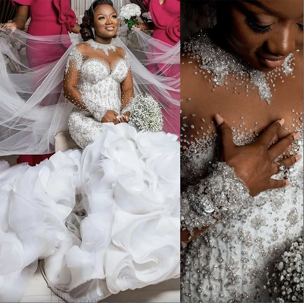 2024 Mermaid Wedding Dresses Ruffles Bridal Gown Chapel Train Jewel Neck Long Sleeves Tulle Beaded Applique Sequins Custom Made Plus Size vestidos de 