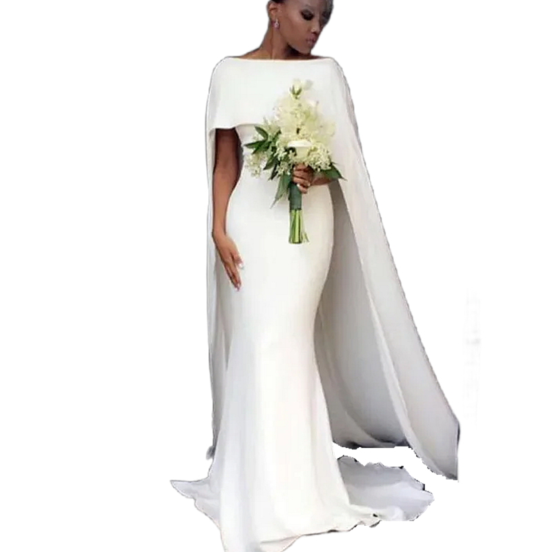 Simple Satin Mermaid Wedding Dresses With Cape Elegant Bateau Neck Long Bridal Gowns Court Train Arabic White Bride Reception Dress