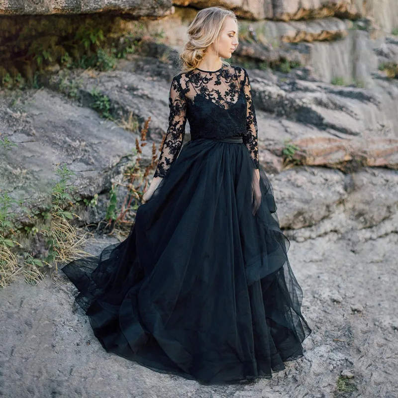 Line Gothic Black A Wedding Dresses Sweep Train Lace Long Sleeves Beach Bridal Gowns Two Pieces Country Bride Dress Custom Made