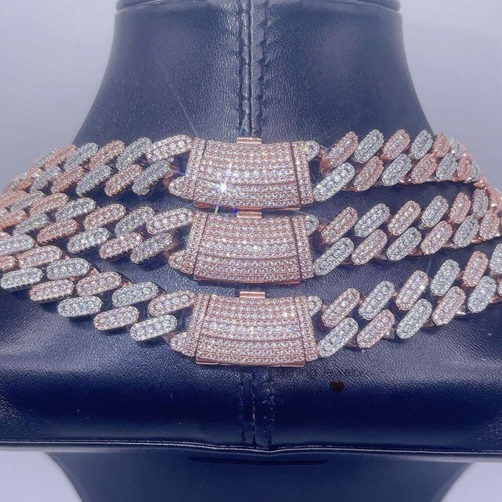Hip Hop Rapper Jewelry Iced Out Moissanite 13mm Rose Gold 2 Tone Cuban Chain Necklace