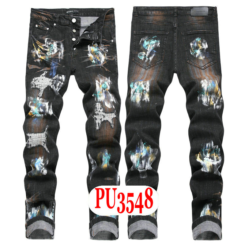 New JEANS chino Pants pant Men's trousers Stretch close-fitting slacks washed straight Skinny Embroidery Patchwork Ripped mens Trend Brand Motorc