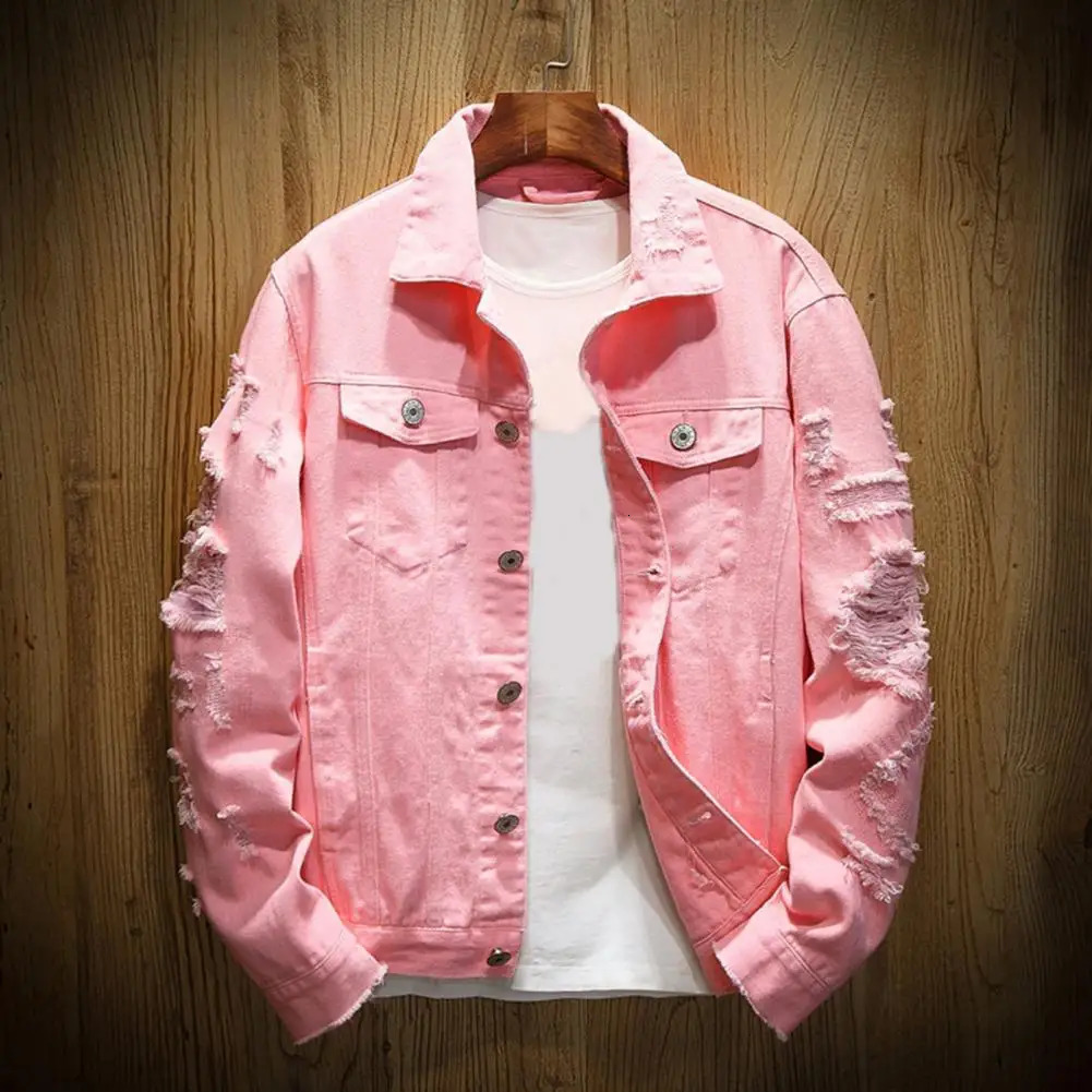 Men Jean Jacket Men Jacket Ripped Hole Daily Wear Male Single Breasted Pockets Jacket 240113