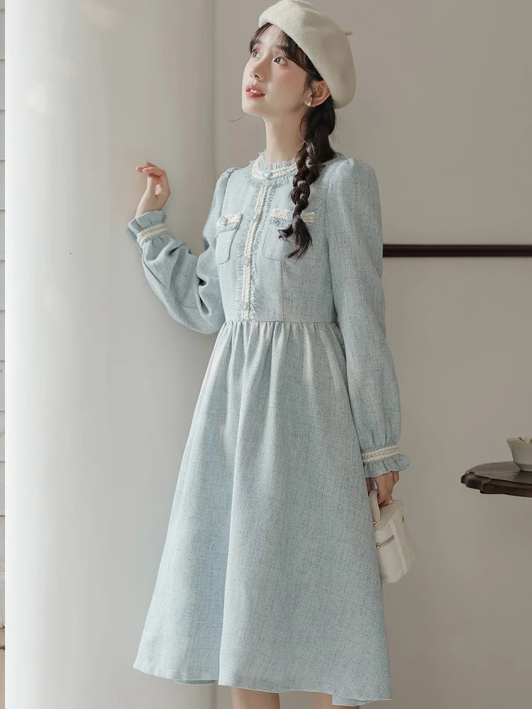 Autumn Winter Blue Tweed Long Sleeve Chic Ruffled Collar Dress Women Elegant Casual Home Dress Korean Fashion Bodycon Dress 240112