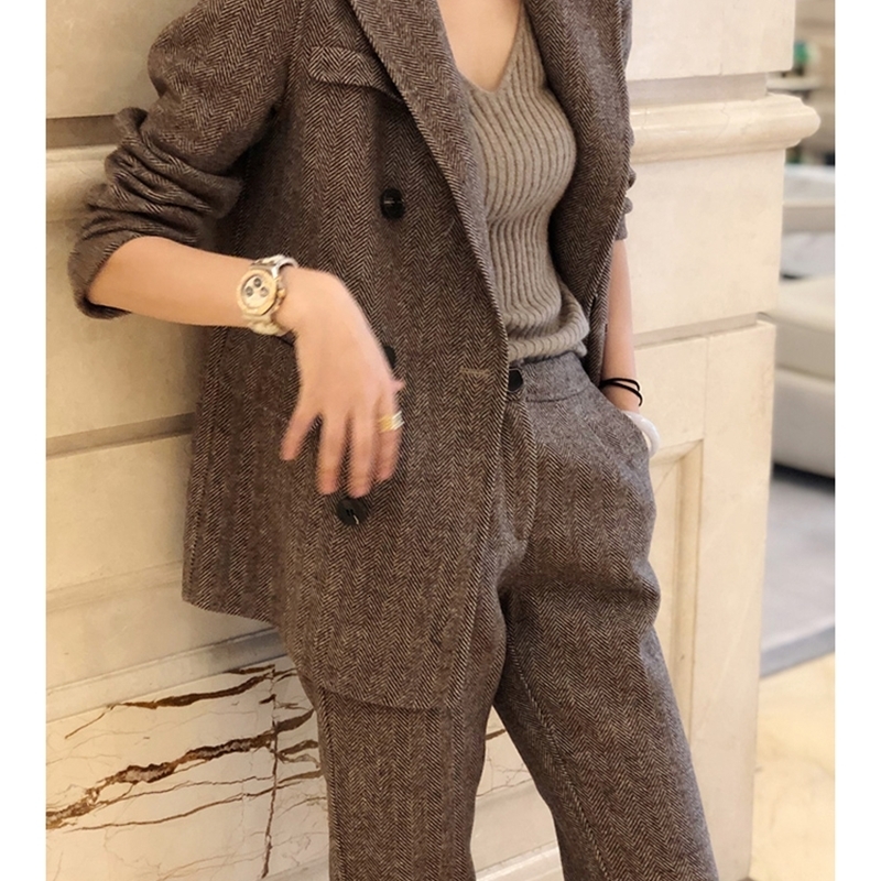 Women Woolen Blazer and Pantsuits Chic Elegant Korean Fashion Trousers Outfits Autumn Female Suit Jacket 2 Piece y240112