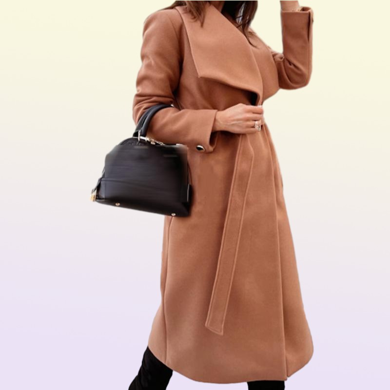 Women039s Jackets Autumn Turndown Collar Belted Woolen Overcoat Women Solid Long Sleeve Office Outerwear Coat Winter Loose War7544695
