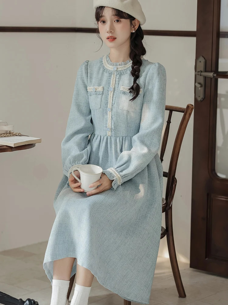 Autumn Winter Blue Tweed Long Sleeve Chic Ruffled Collar Dress Women Elegant Casual Home Dress Korean Fashion Bodycon Dress 240112