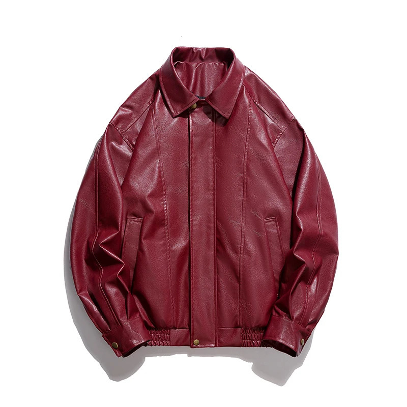 Black Red Faux Leather Jacket Coat Men Vintage Turn-down Collar Raglan Sleeve Motorcycle Clothing Fashion Oversize Outerwear 240112