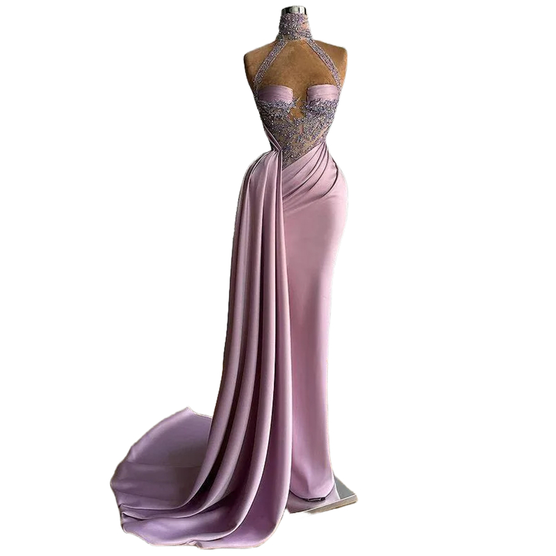 Sexy Sweetheart Long Satin Prom Dresses With Detachable Train Lace Appliques Beaded High Neck Special Occasion Gowns 2024 Women Formal Evening Dress