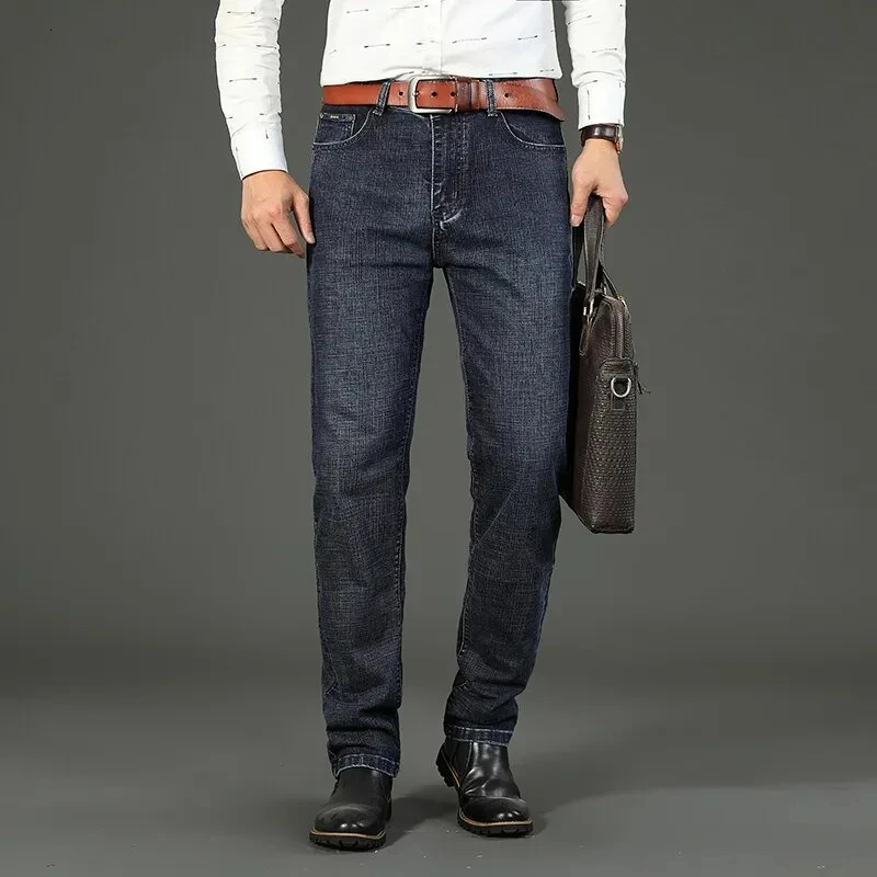 2940 Mens Spring and Autumn Classics Pants Straight Business Blue Black Jeans Elastic Slim Fit Casual Work 240113