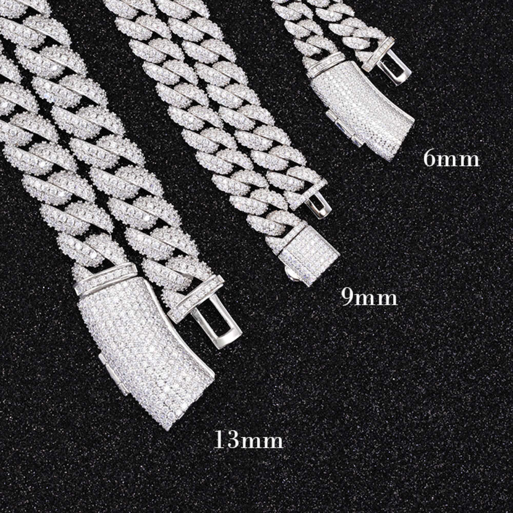 Full Ice Out Moissanite Cuban Chain 2rows 6mm 9mm 13mm 925 Solid Silver Moissanite Cuban Link Chain Mans Hip Hop Necklace