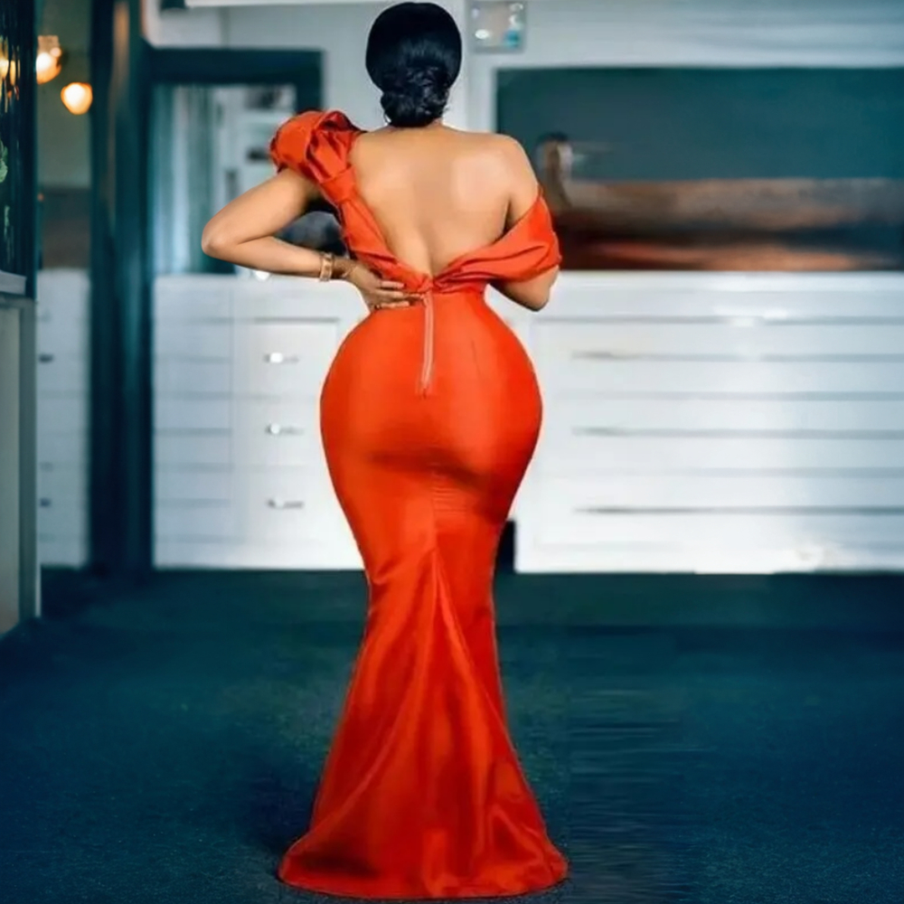 Orange Aso Ebi Bridesmaid Dresses Mermaid One Shoulder Backless Elastic Satin Sweep Train Maid Of Honor Dresses Simple Style Elegant Wedding Guests Go