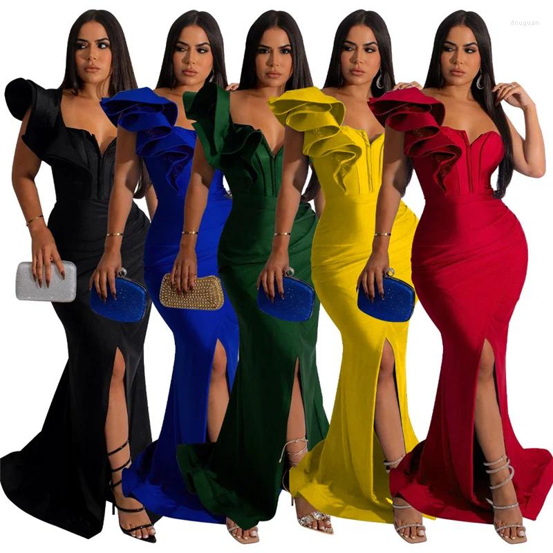 Casual Dresses Elegant One Shoulder Petal Sleeve Evening Dress Women Party Nightclub Wedding Guest Sexy Split Big Swing Long Gown
