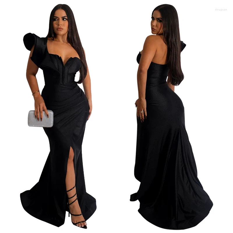 Casual Dresses Elegant One Shoulder Petal Sleeve Evening Dress Women Party Nightclub Wedding Guest Sexy Split Big Swing Long Gown