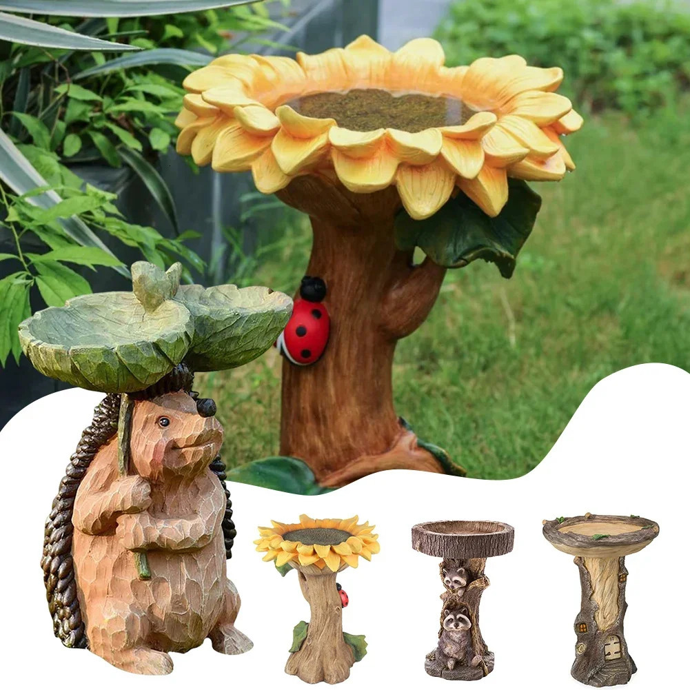 Retro Resin Raccoon Birdbath Polyresin Sunflower Bird Bath Feeder Animal Antique Garden Yard Decor Outdoor Indoor Ornaments 240113