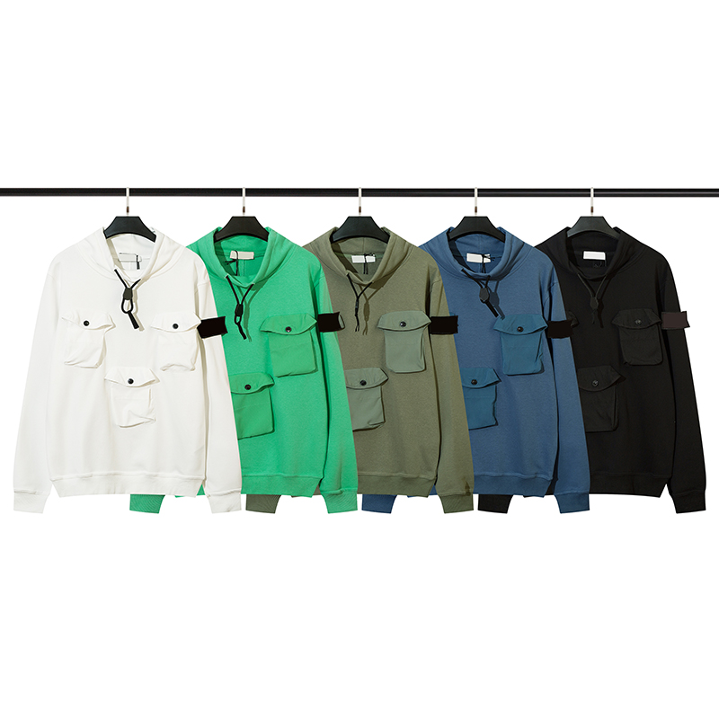 men's brand hoodies 320g cotton embroidery sweatershirts stand collar three-dimensional multi-pocket loose pullover hoodies