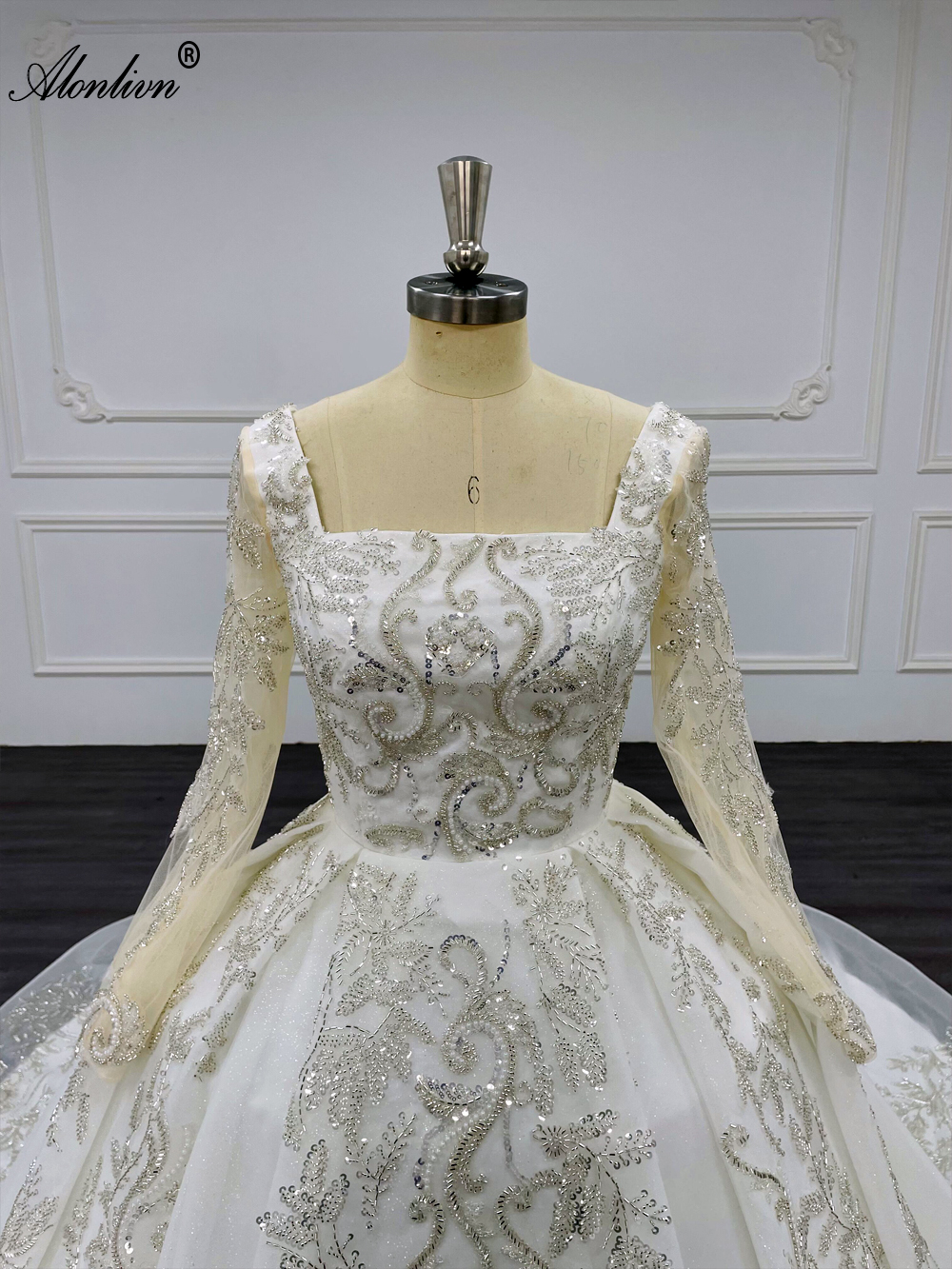 Alonlivn100% Real Photos Luxury Square Collar A Line Wedding Dress With Beading Rhinestones Pearls Embroidery Lace Full Sleeve Bridal Gowns